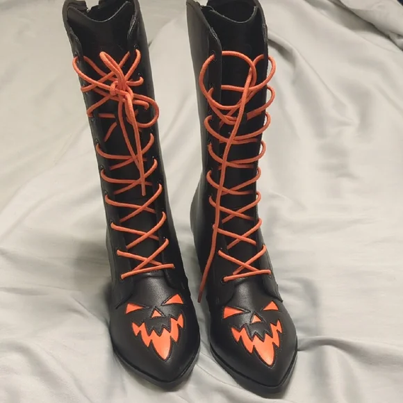 Halloween Black and Orange Scary Jack O' Lantern Lace-Up Boots - Picture 3 of 10